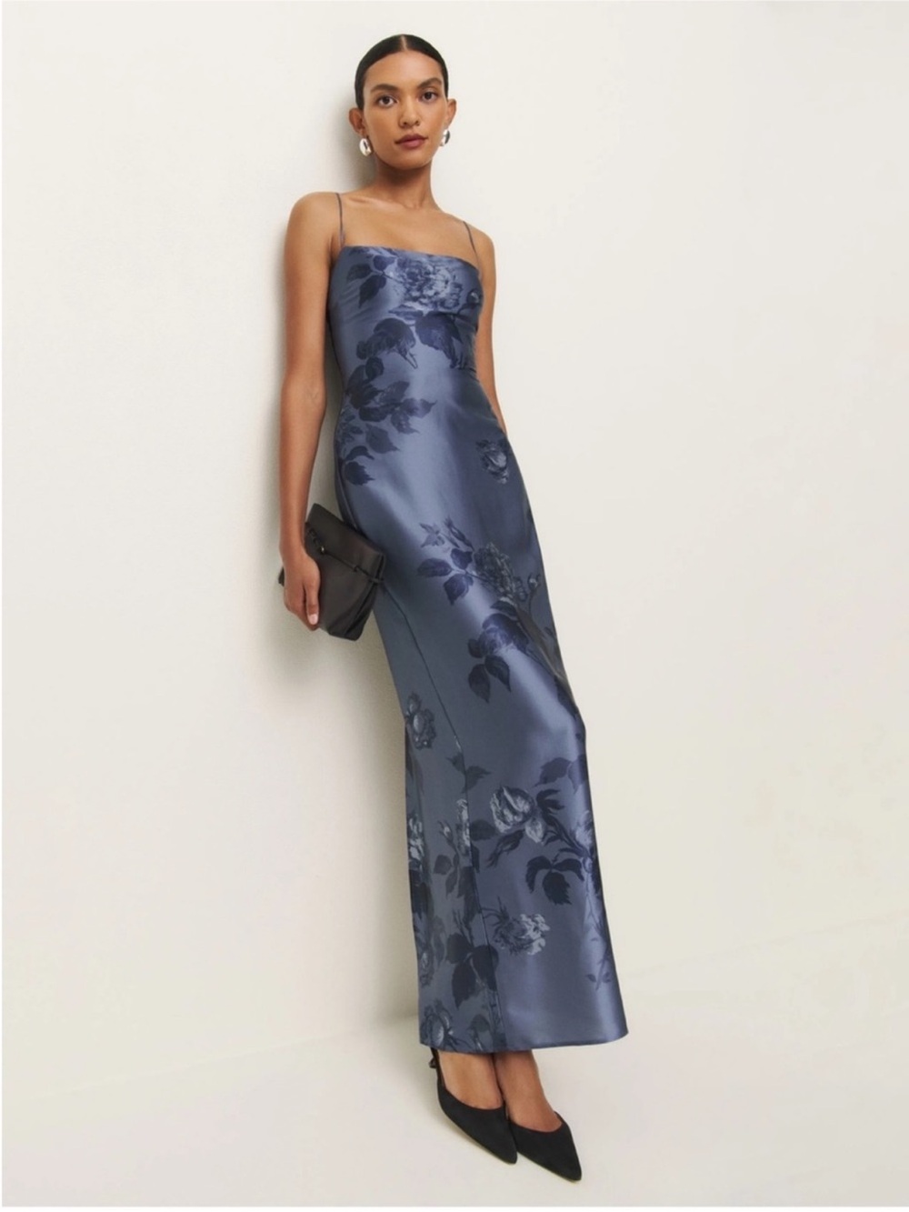 NWT Reformation Frankie Silk Maxi Dress Trieste Border Blue 2